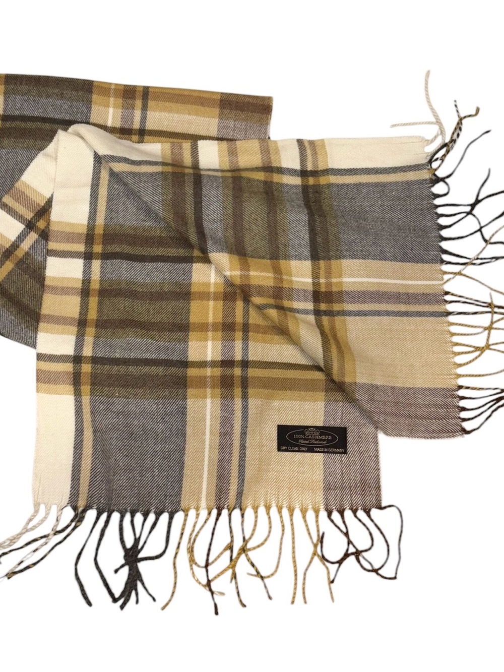 Vintage 80s 100% Cashmere Scarf Hand Tailored in Germany Earthy Plaid 72x12”